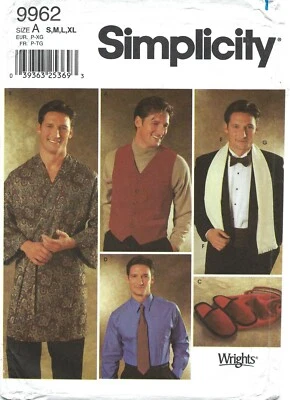 Simplicity 9962 Men's Vest, Robe, Cummerbund, Scarf, Slippers Sz S-XL UNCUT OOP - Image 1 of 4