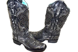 Corral Boots 8.5 M Glitter Studded Tooled Inlay SQUARE Toe Womens Black E1534 - Picture 1 of 10