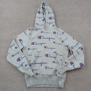 Champion Sweater Mens Small Gray Reverse Weave All Over Logo Hoodie Sweatshirt - Picture 1 of 11