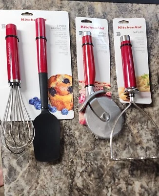 Kitchen Aid Lot Empire Red Masher  Wisk Spatula Pizza Cutter - Image 1 of 4