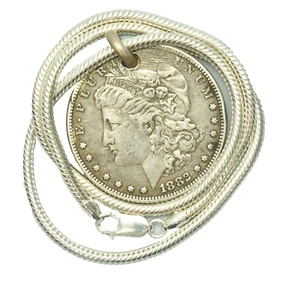 1882 Morgan Silver Dollar Pendant W/ New Sterling Silver Snake Chain 18 inch - Picture 1 of 10