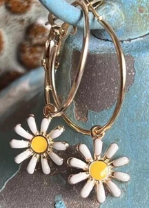 Gold Lever Back Hoops & Flower Dangle Earrings. Daisy. Bloom - Picture 1 of 2