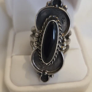 Vintage Indianer gefertigt Sterlingsilber und Onyx Ring Southwestern Größe 9 - Bild 1 von 21