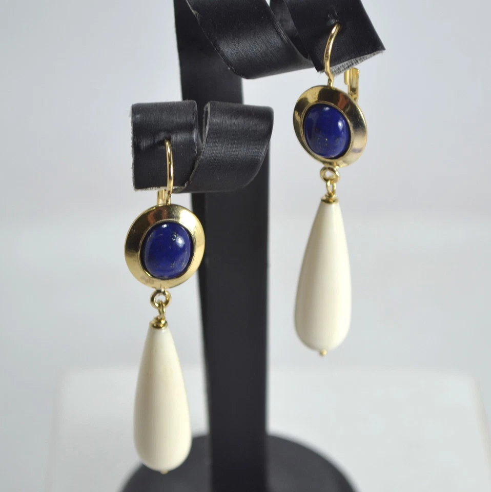 ORECCHINI  ARGENTO 925 DORATO LAPISLAZZULI  CABOCHON  PENDOLI OSSO AGHT 0902 - Immagine 1 di 3