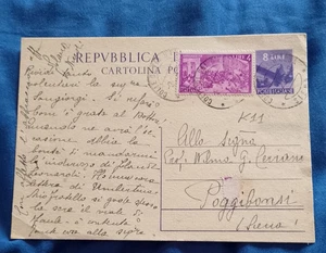 Postkarte 1949 8 Lire Hammer mit Gedenkmünze 4 Lire Risorgimento - Bild 1 von 1