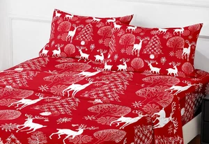 NEW Forest Deer Elk Microfiber Sheets Queen Sz 4 Pc Set w/ pillowcases red/white - Picture 1 of 6