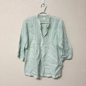 120% Lino Blue Tunic Linen Top Womens V Neck Button Size L - Picture 1 of 7