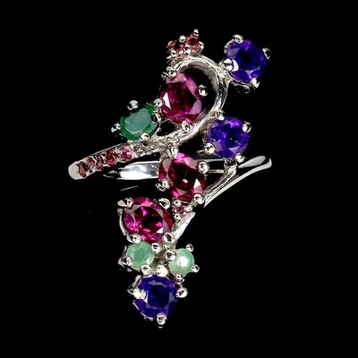 925 Sterling Silver Ring Oval Rhodolite Amethyst Emerald Gemstone Jewelry Size 9 - Image 1 of 4