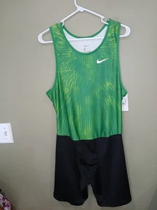 Men's Nike Running Biking Wrestling Singlet Unitard Green Compression Logo NWT - Picture 1 of 9