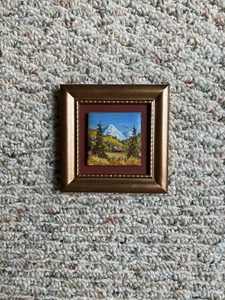 Vintage orig Miniatur Ölgemälde auf Keramik; Berglandschaft; Vintage Holzrahmen - Bild 1 von 8