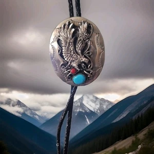 Braided BLACK Bolo Tie EAGLE IN FLIGHT with Stones - Picture 1 of 7