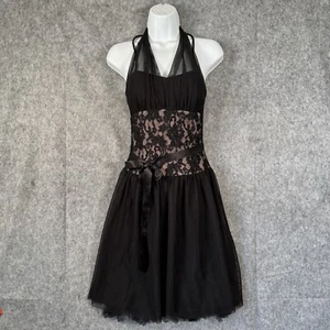 Abito tabù vintage anni 90 Y2k taglia small nero stravagante fata pizzo tulle Halter - Foto 1 di 13