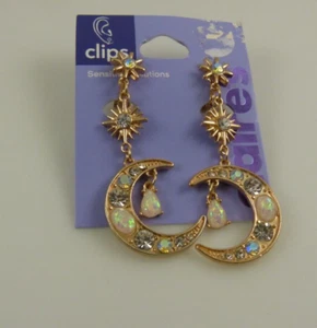 Clip on earrings Celestial theme. Moon Sun Crystals goldtone - Picture 1 of 4