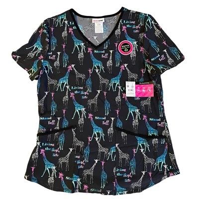 Scrubstar Women’s Size Small V Neck Giraffe Print  Black Scrub Top NWT - Image 1 of 4