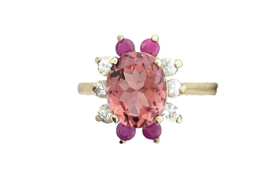 Anillo de cóctel rubí piedras preciosas zafiro turmalina melocotón natural de oro amarillo de 14 quilates  Foto 1 de 3