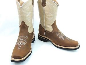 MEN'S RODEO COWBOY BOOTS GENUINE LEATHER WESTERN SQUARE TOE BOTAS SADDLE WORK 