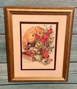 Barbara Mock gerahmter Druck Gartenarbeit Blumen Hut Handschuhe Zinnie Blumentopf 11x9 - Bild 1 von 6