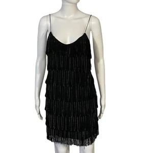 Sheri Bodell Cocktailkleid schwarz Seide Flapper Fransen Gold Kette ärmellos Gr. S - Bild 1 von 15