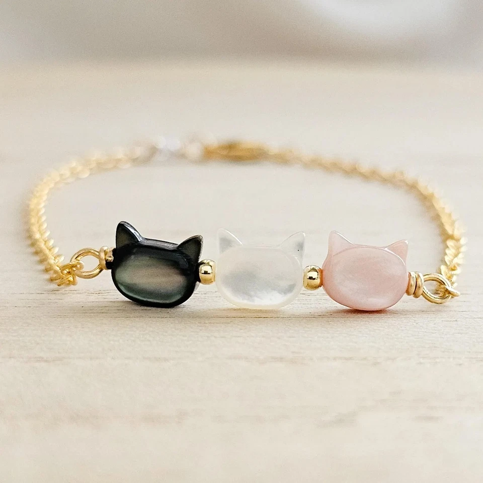 Pulsera madreperla gatito gato encanto oro 14K mascota memorial gato amante Foto 1 de 4