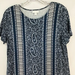 J.JILL Women's Petite Small Dress Blue White Paisley Stripe Jersey Knit Boho - Picture 1 of 11