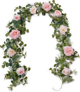 5.91FT Artificial Eucalyptus Garland with Flowers, Fake Rose Gypsophila, Faux Fl - Picture 1 of 8