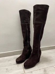 Prada Brown Suede Leather High Wedge Boots Size 36 - Picture 1 of 16