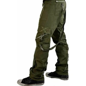Gothic Bondage Straps Zipper Gothic Punk Army Green Goth Jeans Trip Pants - Picture 1 of 9