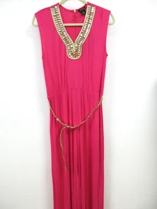 IMAN GLOBAL CHICK PINK & GOLD JEWELED SLEEVELESS GODDESS JUMPSUIT SIZE L - NWT - Picture 1 of 10