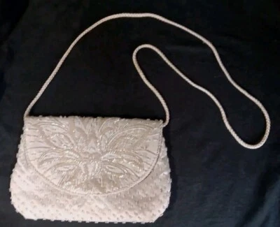 Vintage White Satin Cream Beaded Lotus Flower Handbag Purse Clutch Handmade READ - Image 1 of 4