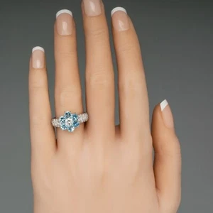 Brilliant Cut CZ Set Into Surrounded Six Prong Set Aquamarine Flower Fine Ring - Picture 1 of 6