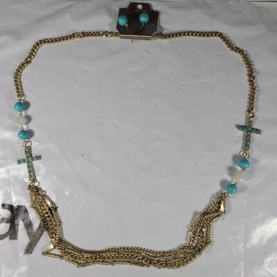 Mia Inspirations Kim Min Sol Turquesa 2 Cruces Colgante Collar y Pendiente Conjunto Foto 1 de 4