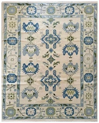 Modern Oushak Hand Knotted Rug 10x14 Cream Blue 100% Wool Floral Carpet for Home - Image 1 of 4