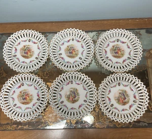 6 RETICULATED LACE Germany Small Victorian Porcelain PLATES Courting Couples - Picture 1 of 4