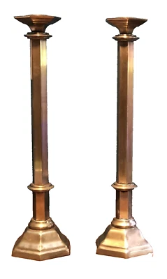Gorgeous Pair Of 18" Tall Brass Cathedral Style Hexagonal Alter Candle Holders - Image 1 of 4