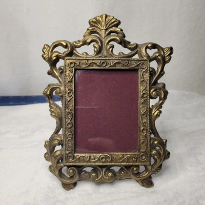 Vintage Picture Frame Heavy Brass Unique Easel Fits 2 3/4"× 3 3/4" Photo Ornate - Image 1 of 4