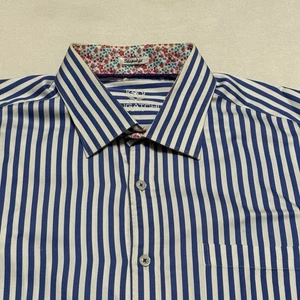 Bugatchi Shirt Mens Large Blue White Striped Shaped Fit Long Sleeve Dress Shirt - Picture 1 of 11