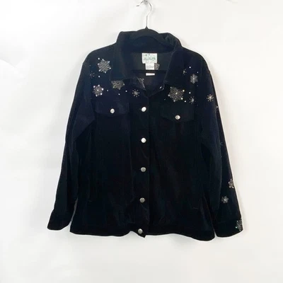 QVC Quacker Factory Holiday Jacket Snowman Velvet Black Womens Plus 1x - Image 1 of 4