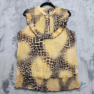 Maurices Top Womens XL Brown Yellow Animal Print Sleeveless Ruffled Chiffon  - Image 1 of 4