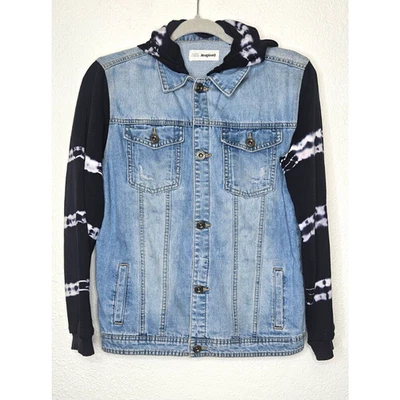 Desigual Boys Denim Jacket 13/14 Blue Black Tie Dye Hooded Button Front Logo - Image 1 of 4