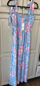 Lilly Pulitzer Kailua Smocked Maxi Dress Blue Floral Smocked Tie Strap Sz L New - Picture 1 of 3