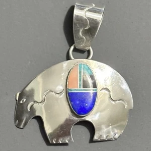 Navajo Sterling Silver Pendant Bear Inlay Turquoise Pink Conch Lapis Jet Signed - Picture 1 of 4
