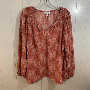 Jessica Simpson Rust Animal Print V Neck Relaxed Fit Long Sleeve Peasant Top 2XL - Picture 1 of 9
