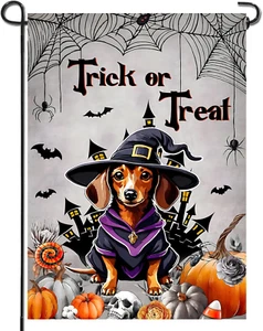 Halloween Dachshund Garden Flag Double Sided, Trick or Treat Yard Flag Ghost Dog - Picture 1 of 7