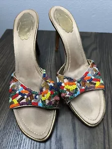 Rene Caovilla Rainbow Beaded Peep Toe Short Heels Gold Satin Padded EU 38 US 8 - Picture 1 of 20