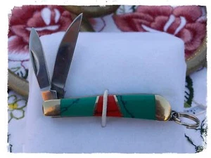 Mini Pocket Knife-1" Turquoise & Coral Handle-gift for him/her-unique jewelry - Picture 1 of 6