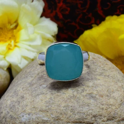 Beauty Blu Calcedonio Gemma 925 Argento Sterling Handmade Anello Tutte le Misure - Immagine 1 di 3