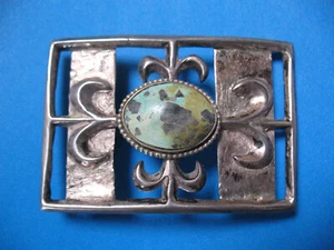 W@W! Large Sandcast Sterling Silver Buckle w/Oval Bisby Cerillos Turquoise Pawn - Picture 1 of 18