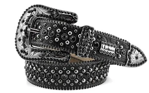BB Simon Veronica Belt Jet Black Crystal Leather Rap Rapper 30 32 34 36 38 40 42 - Picture 1 of 7