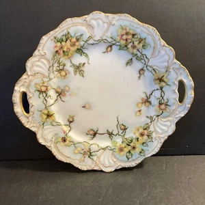 T&V Francia PLATO PASTEL PINTADO A MANO Flores Amarillas DORADO BORDE RETICULADO - Imagen 1 de 6