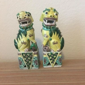 Antique 19th C. Foo Dog Statue Porcelain Chinese Fu Lion Pair Guardian 8.5” Tall - Picture 1 of 4